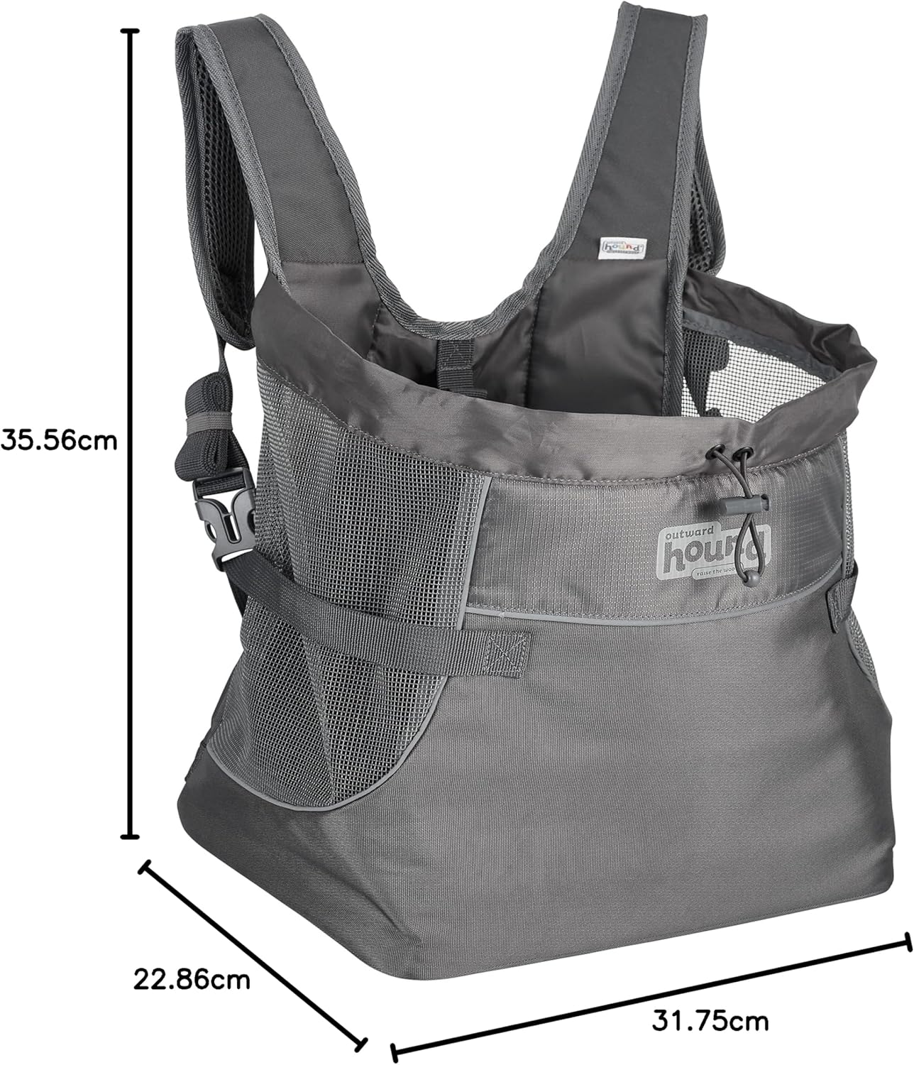 Gray pet carrier with dimensions marked on a white background at Pet Servo