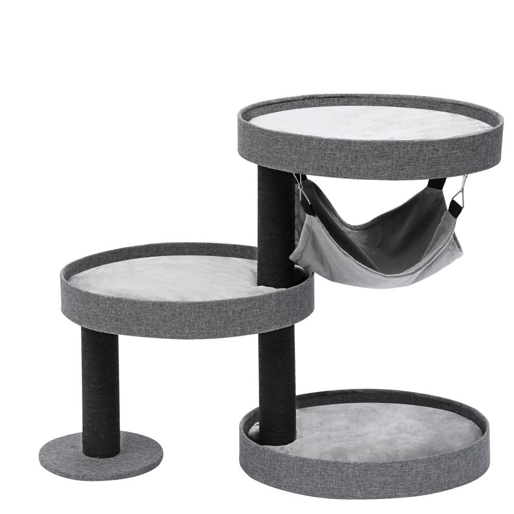 Gray pet play stand with multiple levels on a white background at Pet Servo