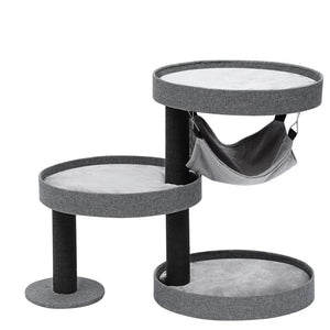 Gray pet play stand with multiple levels on a white background at Pet Servo