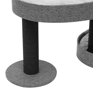 Round cat tree with gray cushioned platform and black cylindrical post on a white background at Pet Servo
