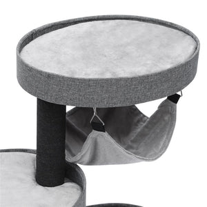 Gray pet climbing stand with cushioned platform and scratching post on a white background at Pet Servo