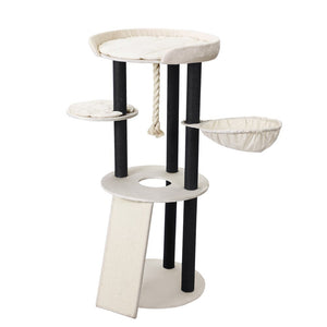 Cat tree with multiple levels, platforms, and a rope on a white background at Pet Servo