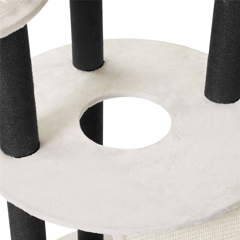 Close-up of a cat tree with cylindrical platforms and a central circular hole at Pet Servo