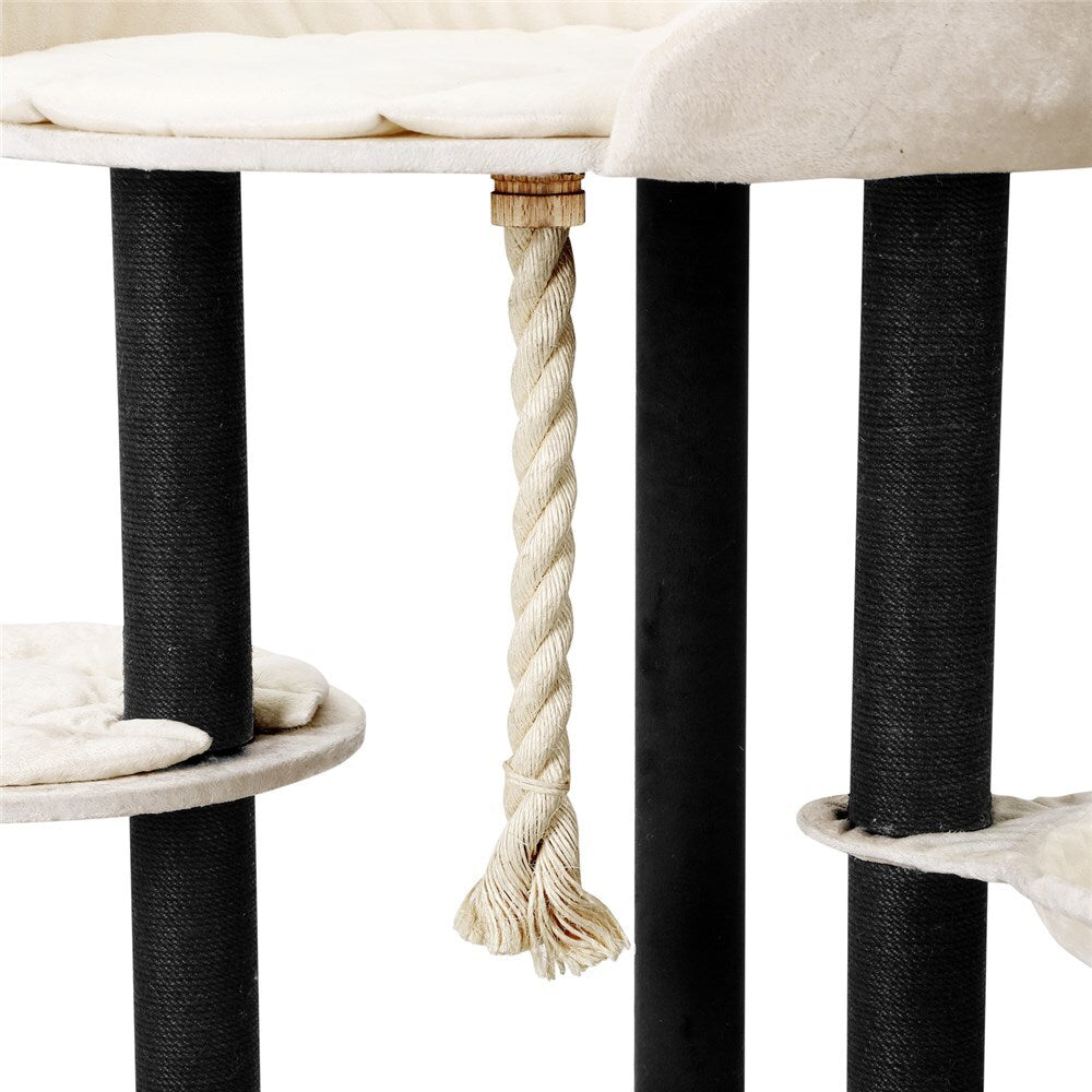 Cat tree with black cylindrical posts, white cushioned platforms, and a rope on a white background at Pet Servo
