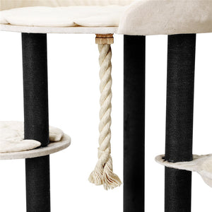 Cat tree with black cylindrical posts, white cushioned platforms, and a rope on a white background at Pet Servo