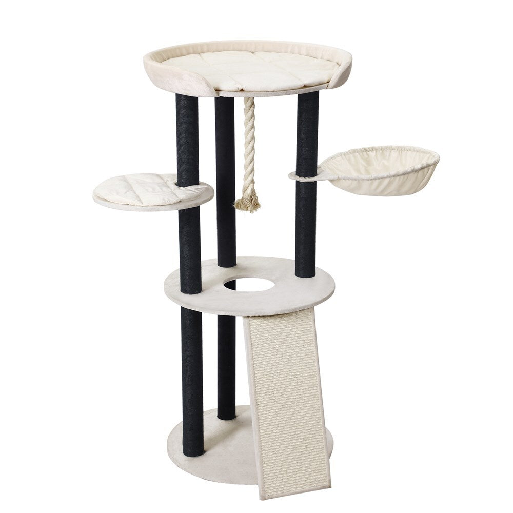 Cat tree with multiple levels, a hammock, and a scratching post on a white background at Pet Servo