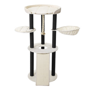 Cat tree with multiple levels, a scratching post, and a rope on a white background at Pet Servo