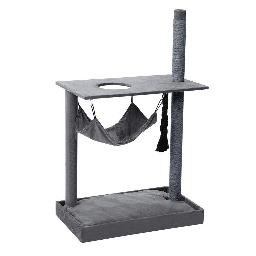 Gray cat tree with hammock, platform, and scratching post on a white background at Pet Servo