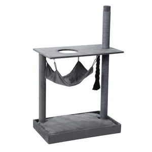 Gray cat tree with hammock, platform, and scratching post on a white background at Pet Servo