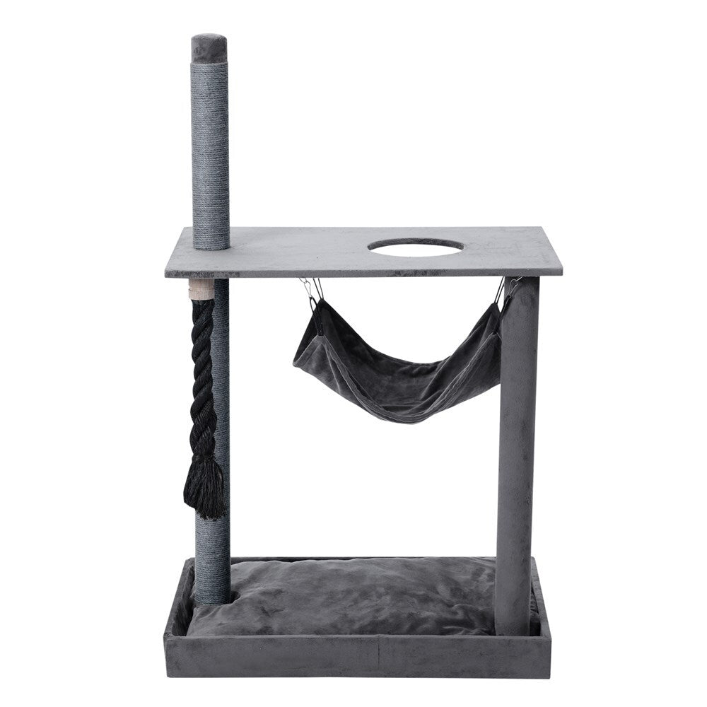 Cat play stand with hammock, scratching post, and platform on a white background at Pet Servo
