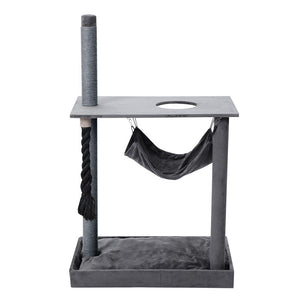 Cat play stand with hammock, scratching post, and platform on a white background at Pet Servo