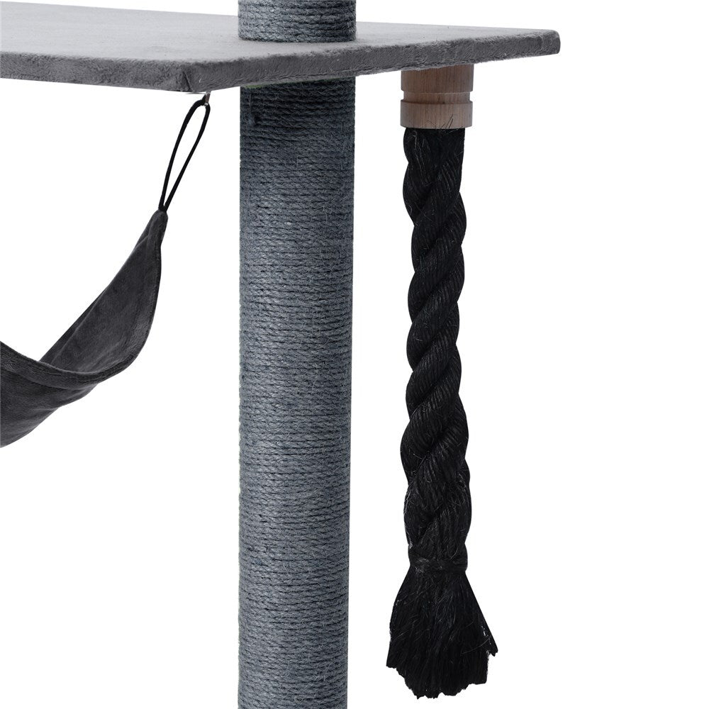 Cat tree with gray cylindrical post, black rope, and hammock on a white background at Pet Servo