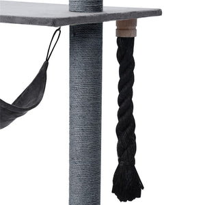 Cat tree with gray cylindrical post, black rope, and hammock on a white background at Pet Servo