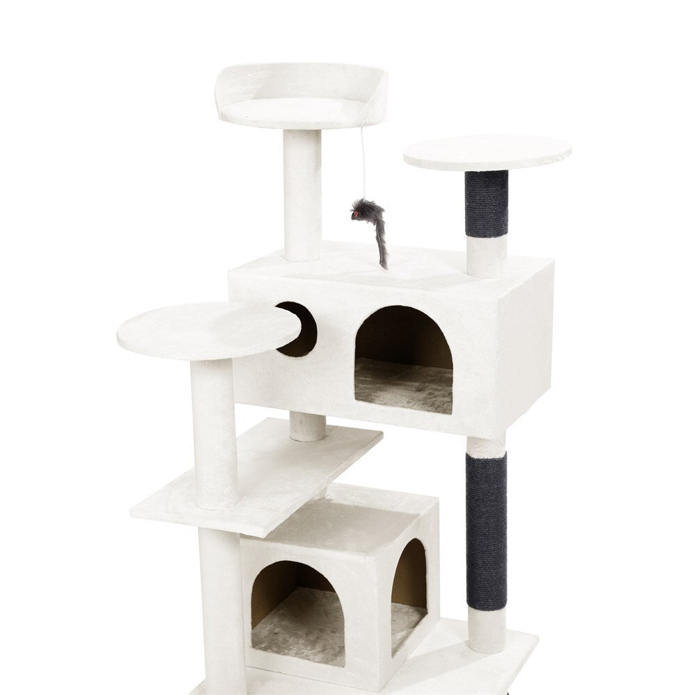 White cat tree with multiple levels and a scratching post on a white background at Pet Servo