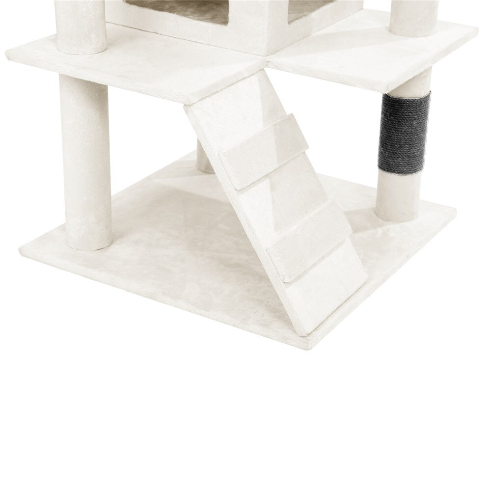 Cat tree with white platforms and a gray cylindrical post on a white background at Pet Servo