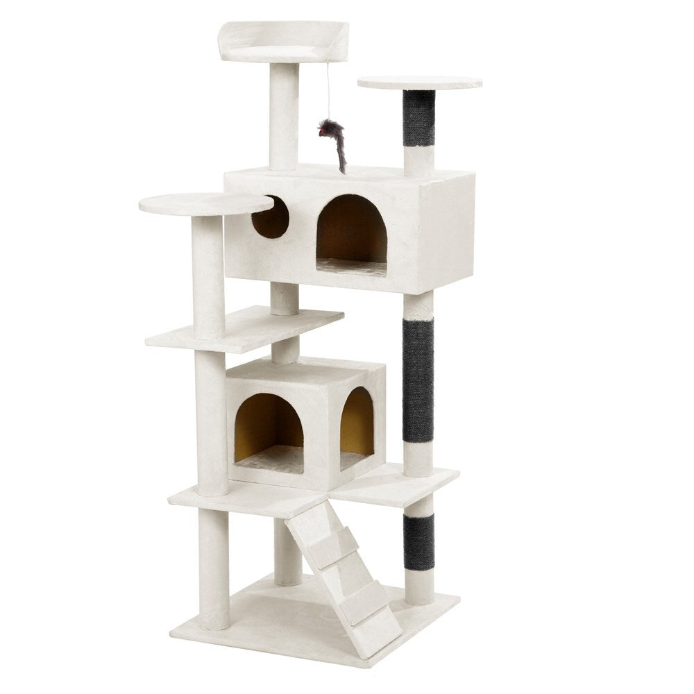 White cat tree with multiple levels and a scratching post on a white background at Pet Servo
