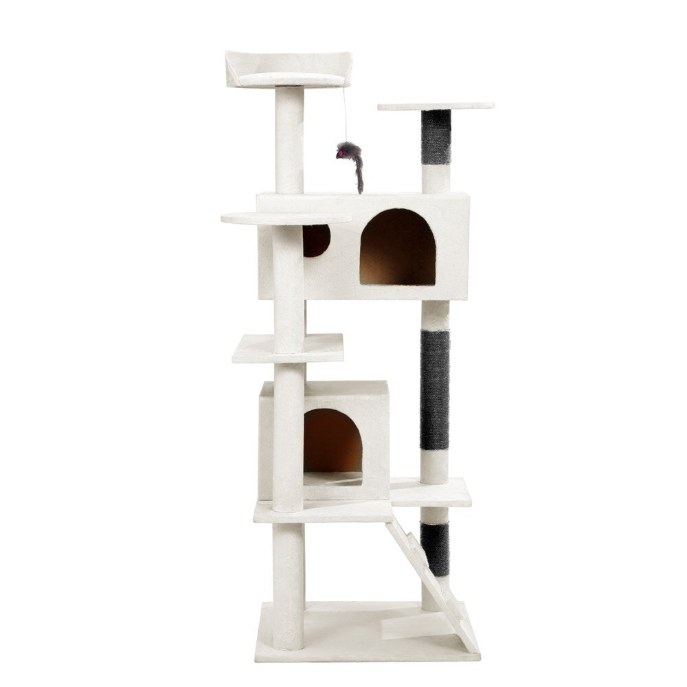 White cat tree with multiple levels and a scratching post on a white background at Pet Servo