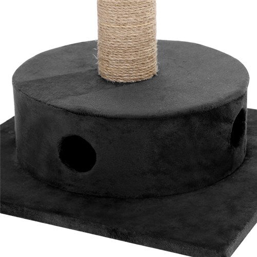 Black cat tree with a scratching post on a white background at Pet Servo