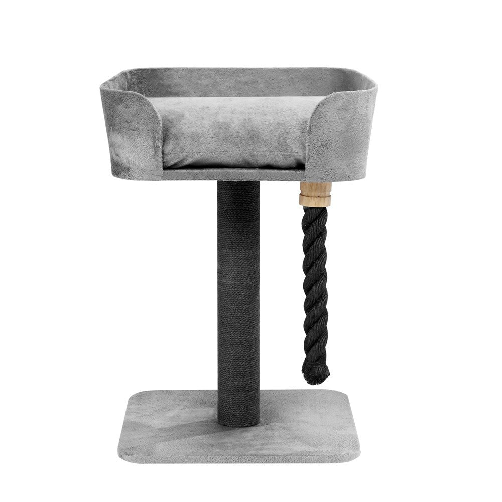 Gray cat tree with a cushioned platform and rope perch on a white background at Pet Servo