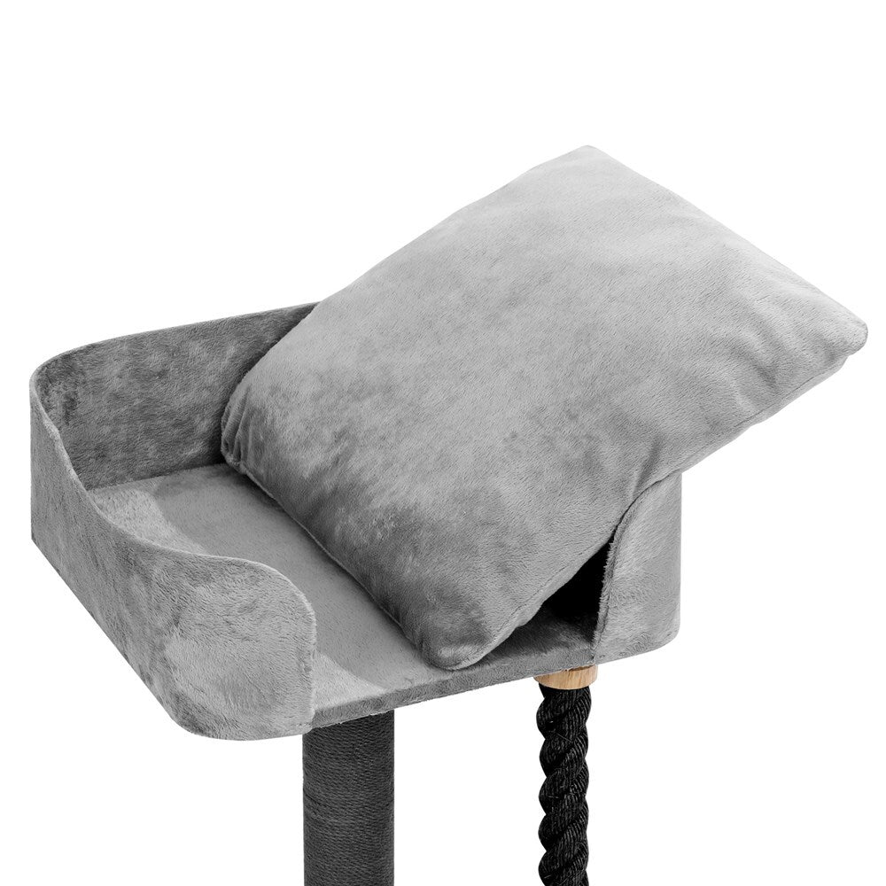 Gray cat tree with cushioned platform and rope, on a white background at Pet Servo