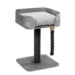 Gray cat tree with a cushioned platform and scratching post on a white background at Pet Servo