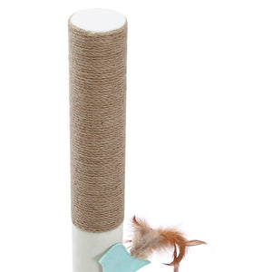 Cat scratching post with a feather toy on a white background at Pet Servo