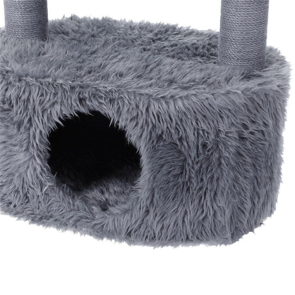 Gray cat tree with a fluffy cushioned area and a dark interior at Pet Servo