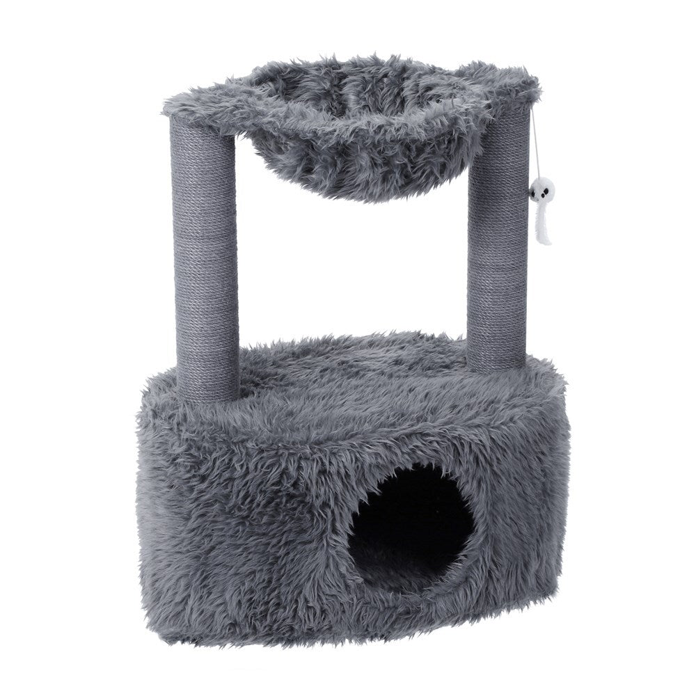Gray cat tree with fluffy texture on a white background at Pet Servo
