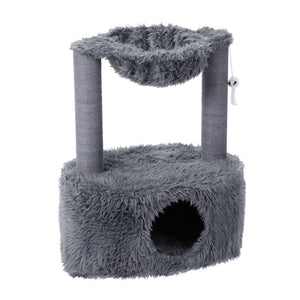 Gray cat tree with fluffy texture on a white background at Pet Servo