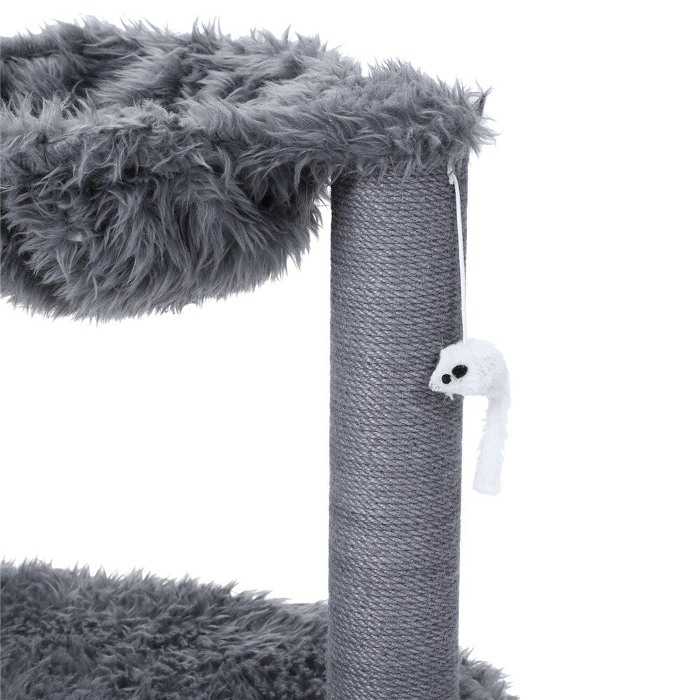 Gray cat tree with a plush top and sisal-covered post on a white background at Pet Servo