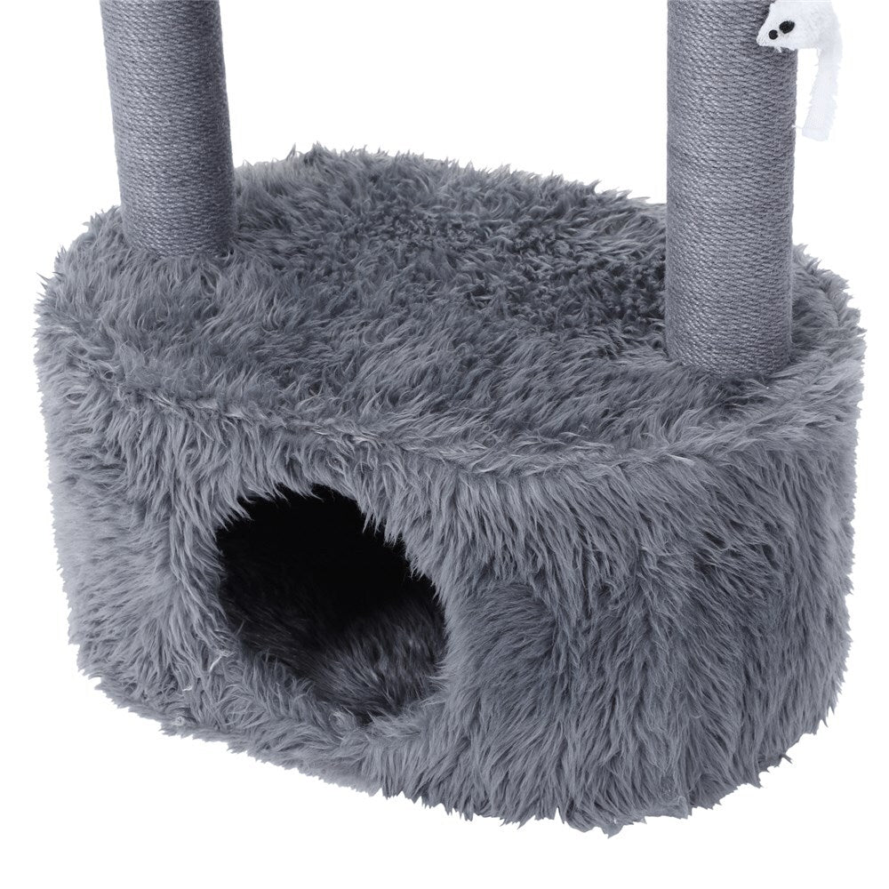 Gray fluffy cat tree with a hammock and scratching posts on a white background at Pet Servo