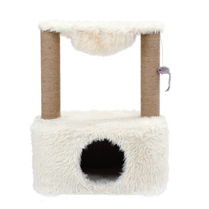 White cat tree with fluffy texture and scratching posts on a white  background at Pet Servo
