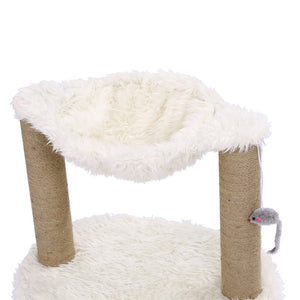 Cat tree with fluffy cushion and sisal-covered posts on a white background at Pet Servo