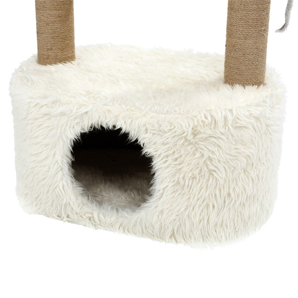 White fluffy cat tree with two brown cylindrical posts on a white background at Pet Servo