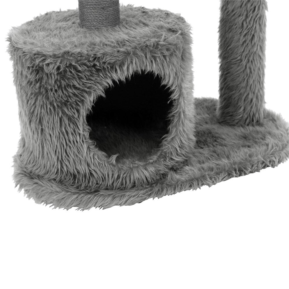 Gray cat tree with a fluffy cushioned platform and vertical scratching post on a white background at Pet Servo