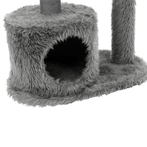 Gray cat tree with a fluffy cushioned platform and vertical scratching post on a white background at Pet Servo