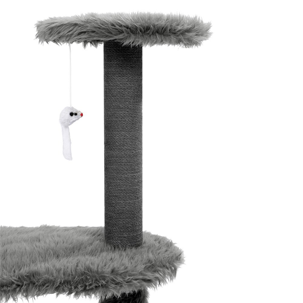 Cat tree with gray sisal post, fluffy platforms, and a hanging toy on a white background at Pet Servo