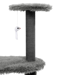 Cat tree with gray sisal post, fluffy platforms, and a hanging toy on a white background at Pet Servo