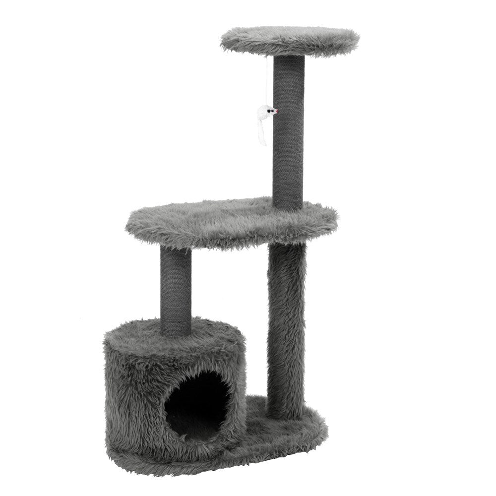 Gray cat tree with multiple levels and a cylindrical base on a white background at Pet Servo