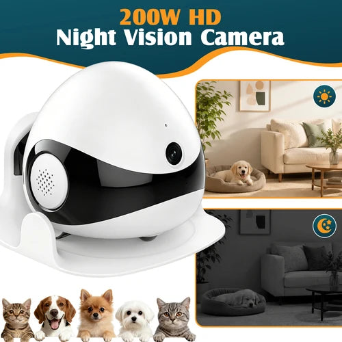 A 200W HD night vision camera for pets, shown in white and black on a charging mount. The image includes lifestyle panels showing a dog in a living room and a cat on a bed, along with a row of pet portraits at the bottom at Pet Servo