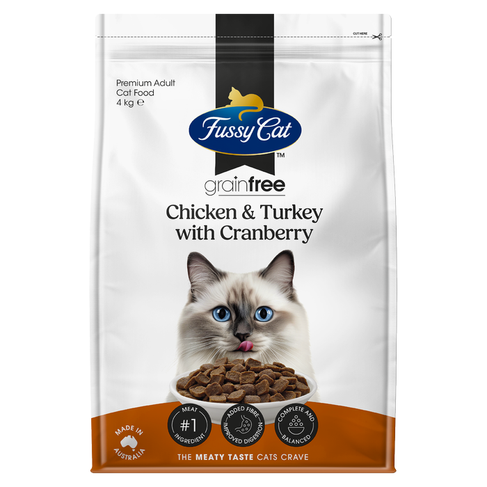 Fussy Cat grain-free cat food package with a cat on the label at Pet Servo