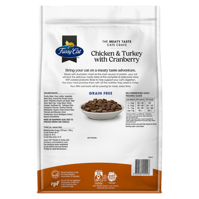 Fussy Cat chicken and turkey with cranberry cat food packaging on a white background at Pet Servo