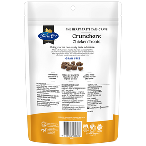 Fussy Cat Crunchers Chicken Treats packaging with text and images of treats on a white background at Pet Servo