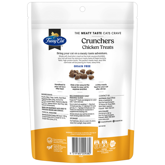 Fussy Cat Crunchers Chicken Treats packaging with text and images of treats on a white background at Pet Servo