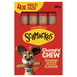 Schmackos Chomp'n' Chew Sizzle Flavour dog chew stick 4-pack in a red cardboard box with a yellow logo and cartoon dog holding a chew stick.