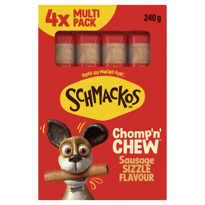 Schmackos Chomp'n' Chew Sizzle Flavour dog chew stick 4-pack in a red cardboard box with a yellow logo and cartoon dog holding a chew stick.