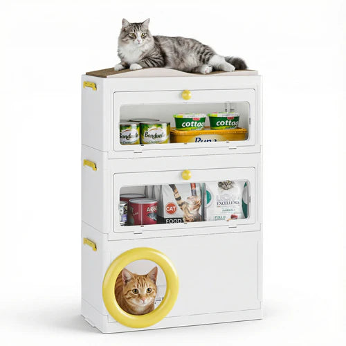 White pet playhouse with cats on top and inside, featuring cat food and toys at Pet Servo