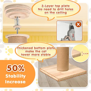 A product infographic for a cat tower post, showing the product itself along with callout bubbles explaining features: a 3-layer top plate, no need to drill holes, a thicker stable base, and a 2.2 cm cross-section detail at Pet Servo