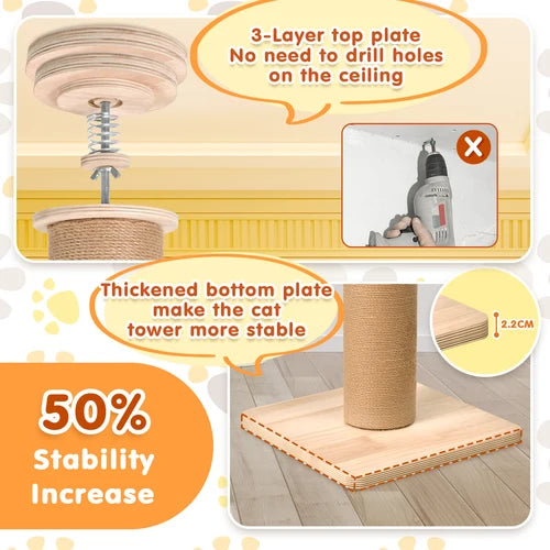 A product infographic for a cat tower post, showing the product itself along with callout bubbles explaining features: a 3-layer top plate, no need to drill holes, a thicker stable base, and a 2.2 cm cross-section detail at Pet Servo