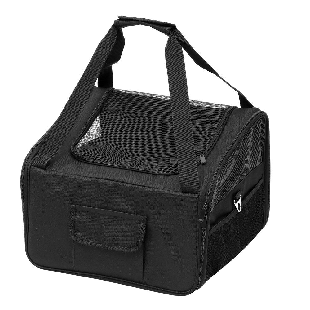 Black pet carrier with mesh front on a white background at Pet Servo